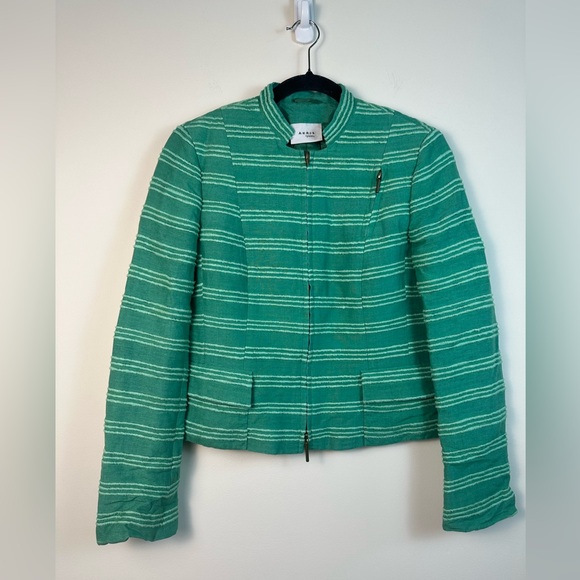 Akris Punto Jackets & Blazers - AKRIS Punto Jacket 8 Green Stripe Piping Zipper Long Sleeve Pockets Silk